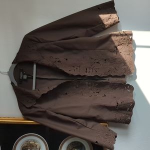 Vintage Peck & Peck Open-Front Lace Trim Brown Jacket Cardigan Size 10